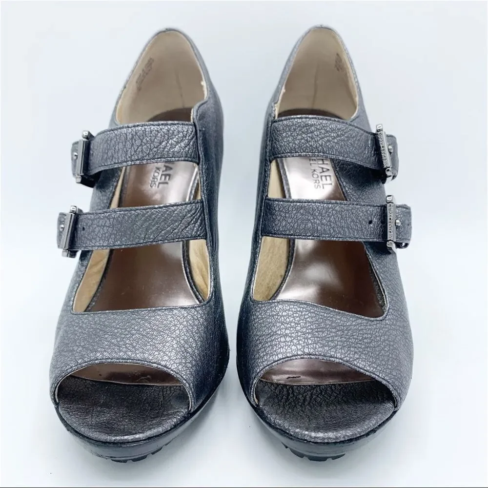 Michael Kors Webster Peep Toe Platform Metallic Pewter‎ Pebbled Leather